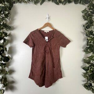 Gilded Intent Front Lace Up V-Neck Short Sleeve Shirt Rustic NWT Women’s Size S